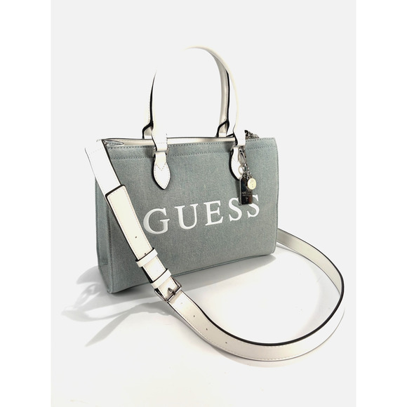 EUC Guess Tote Satchel Purse Light Blue Denim Crossbody Bag Logo Handbag - Picture 1 of 12